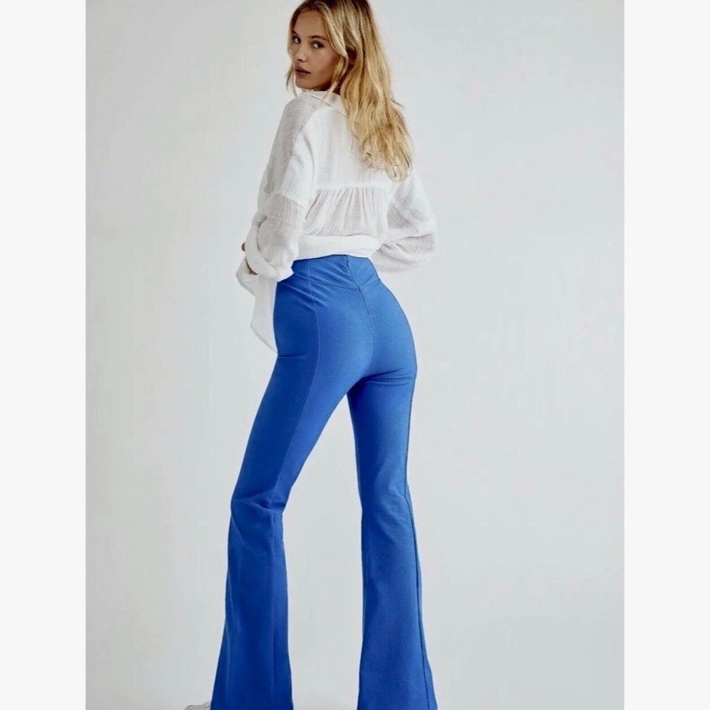 NWT! FREE PEOPLE Real Deal Split Flare Pants Blue High Rise Waist Stretch Medium - Picture 7 of 15